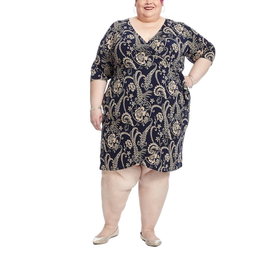 ⭐️Moci Purple Rain Navy Jersey Knit Floral Wrap Office Casual Date Night Dress - Picture 15 of 15